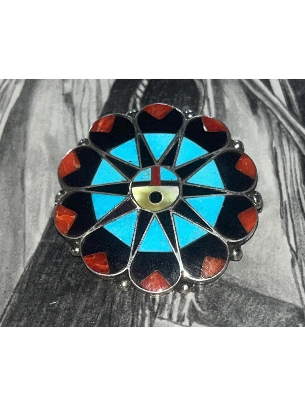 Zuni cluster sterling silver inlay coral, turquoise, onyx pin/ pendant -Delwin
